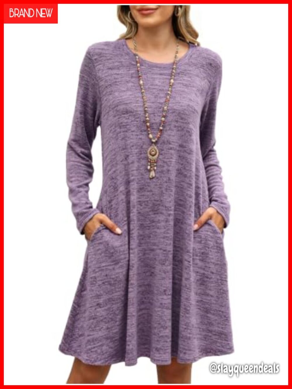 Plus Size Sweater Dress with Pockets Crew Neck Long Sleeve Knee Length